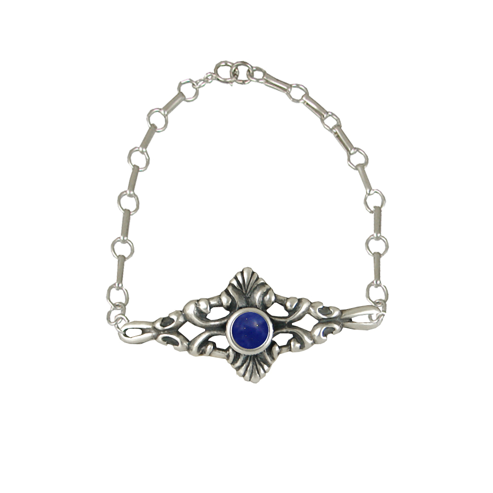 Sterling Silver Adjustable Filigree Chain Bracelet With Lapis Lazuli